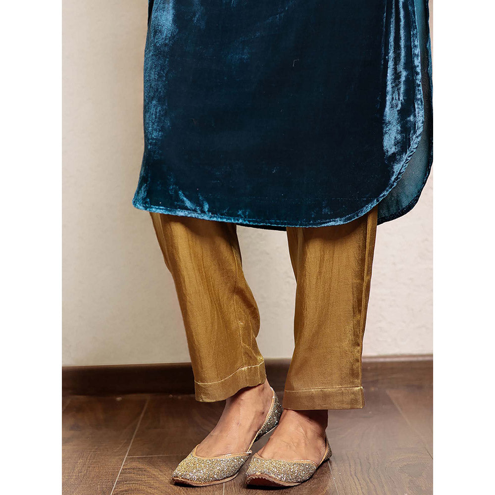 Spring Soul Teal Hand Embroidered Kurta With Mashru Silk Pant (Set of 2)
