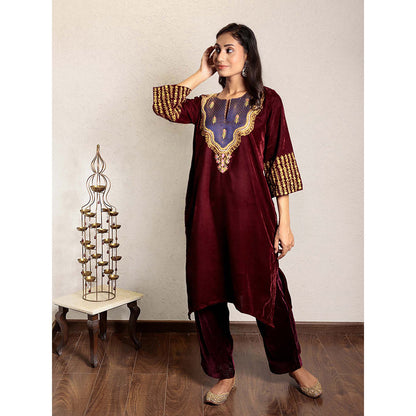 Spring Soul Maroon Embroidered Velvet Kurta With Yoke Detail And Velvet Pant (Set of 2)