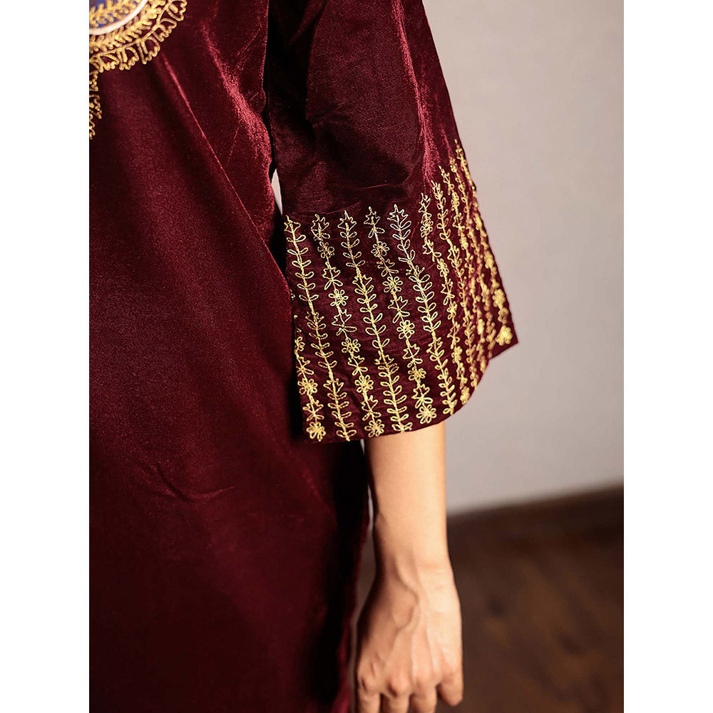 Spring Soul Maroon Embroidered Velvet Kurta With Yoke Detail And Velvet Pant (Set of 2)