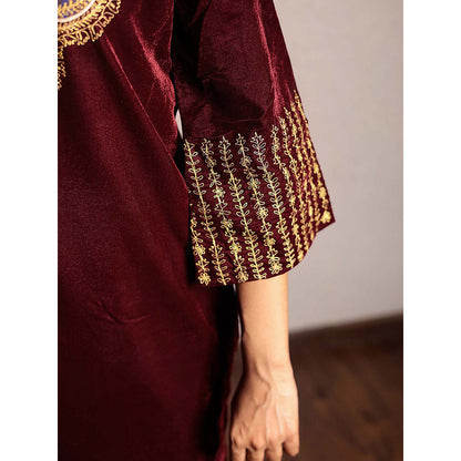 Spring Soul Maroon Embroidered Velvet Kurta With Yoke Detail And Velvet Pant (Set of 2)