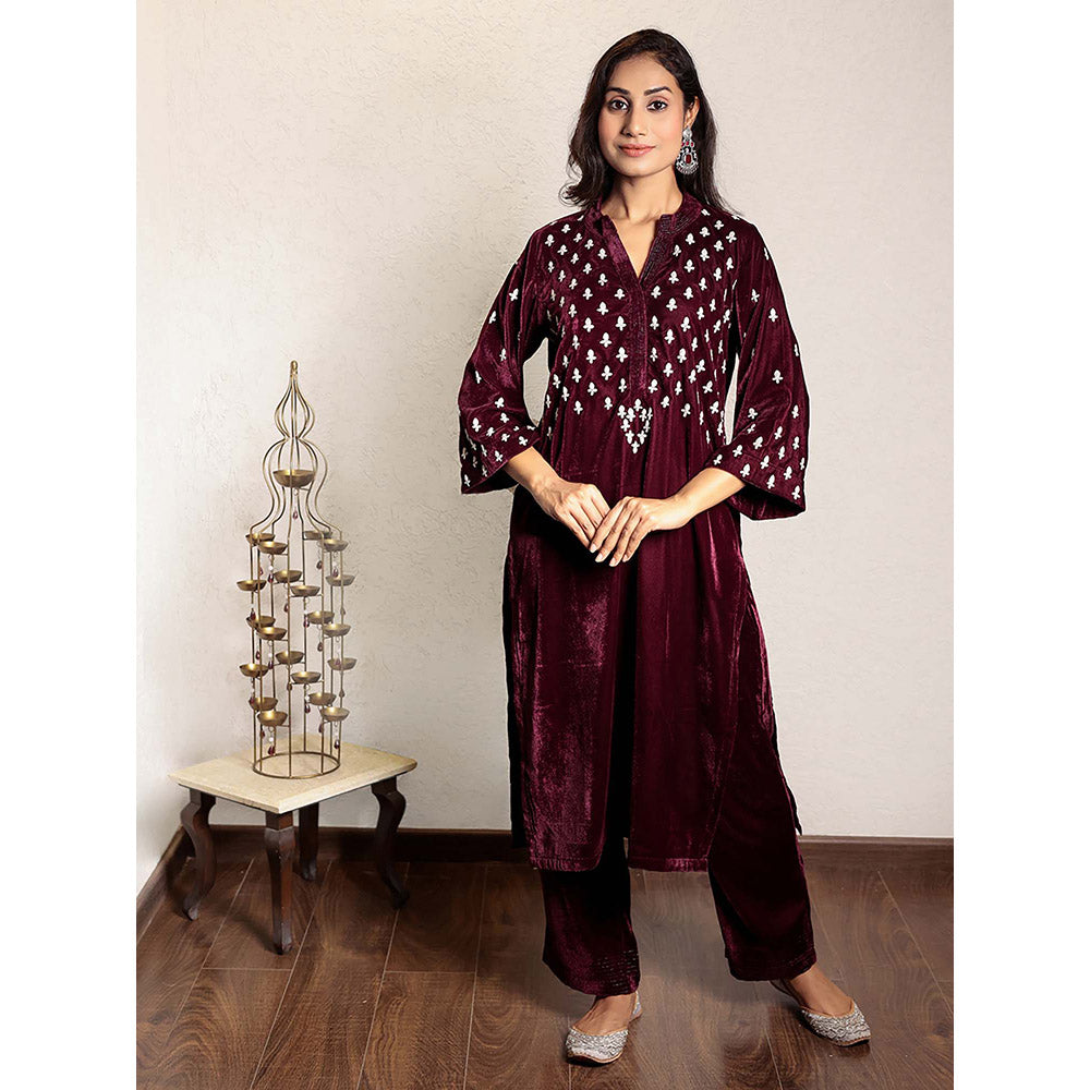 Spring Soul Wine Embroidered Velvet Kurta With Velvet Pant (Set of 2)