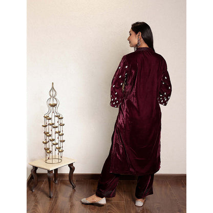 Spring Soul Wine Embroidered Velvet Kurta With Velvet Pant (Set of 2)