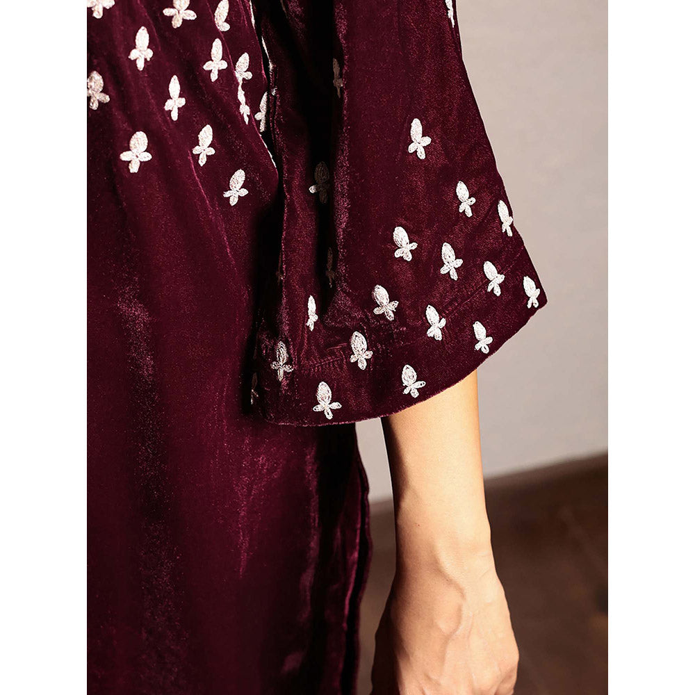 Spring Soul Wine Embroidered Velvet Kurta With Velvet Pant (Set of 2)
