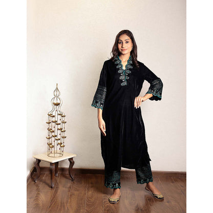 Spring Soul Black Embroidered Velvet Kurta With Pant (Set of 2)