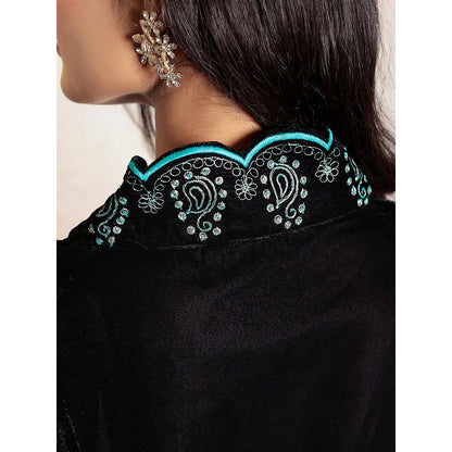 Spring Soul Black Embroidered Velvet Kurta With Pant (Set of 2)
