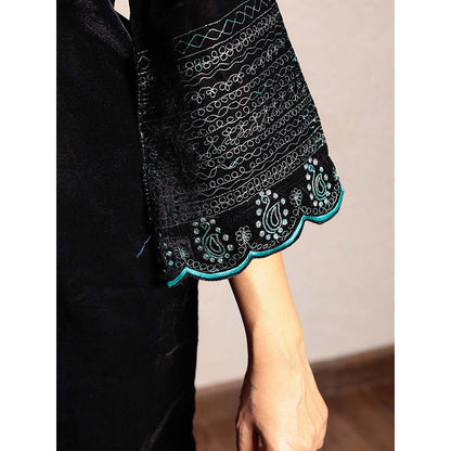 Spring Soul Black Embroidered Velvet Kurta With Pant (Set of 2)