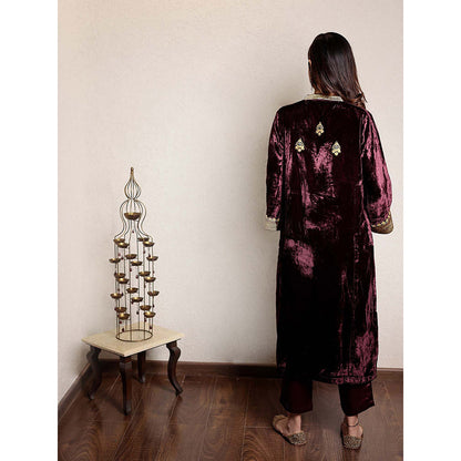 Spring Soul Wine Embroidered Velvet Kurta With Velvet Pant And Organza Dupatta (Set of 3)