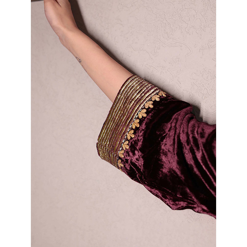 Spring Soul Wine Embroidered Velvet Kurta With Velvet Pant And Organza Dupatta (Set of 3)