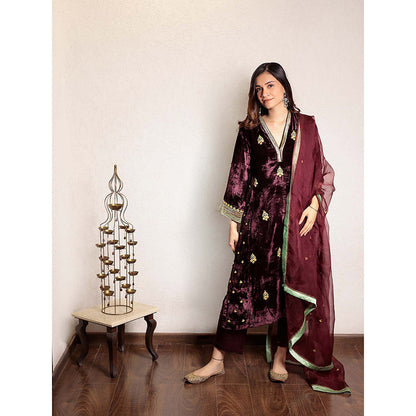 Spring Soul Wine Embroidered Velvet Kurta With Velvet Pant And Organza Dupatta (Set of 3)