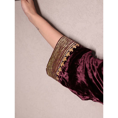 Spring Soul Wine Embroidered Velvet Kurta With Velvet Pant (Set of 2)