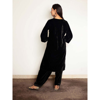 Spring Soul Black Hand Embroidered Velvet Kurta With Salwar (Set of 2)