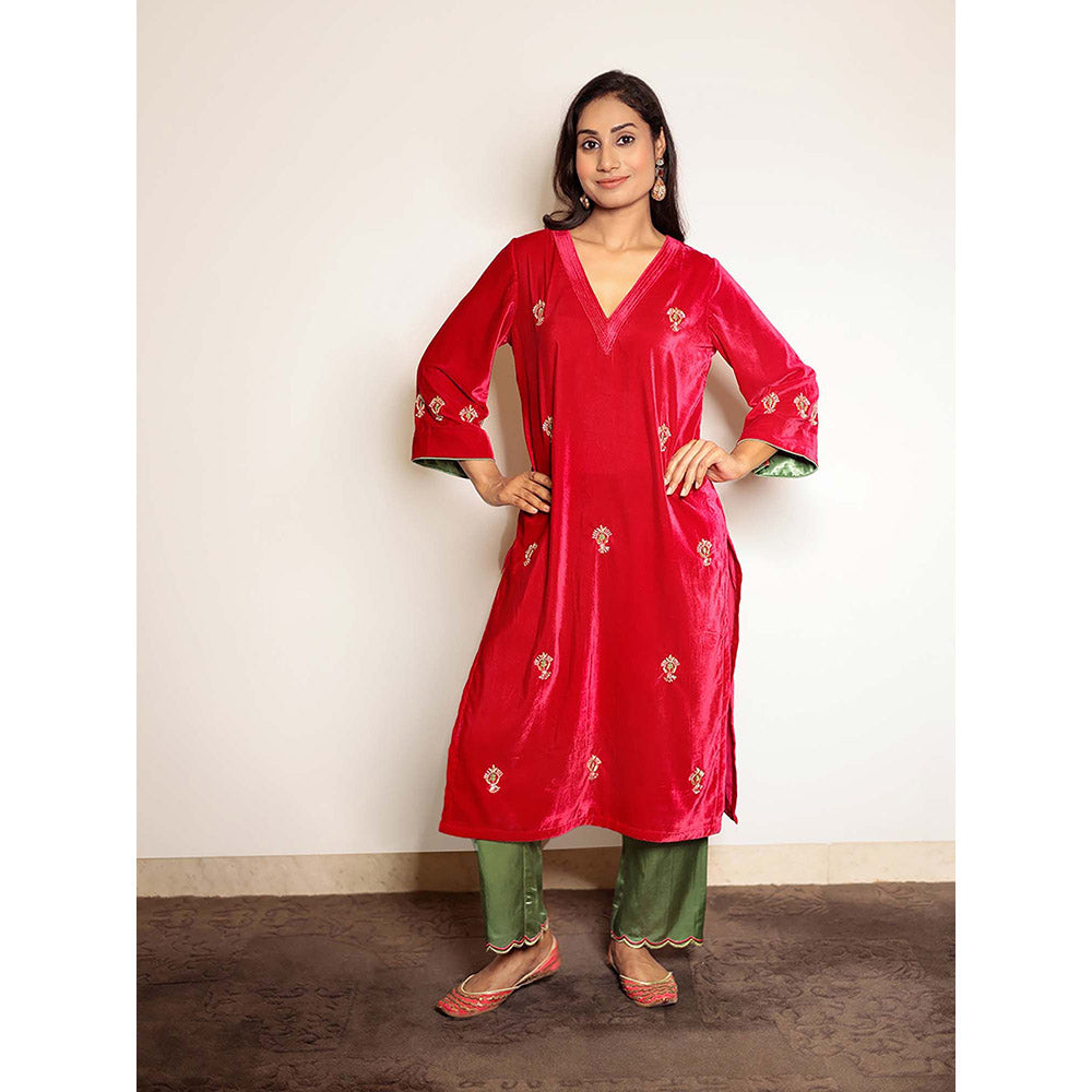 Spring Soul Fuchsia Pink Hand Embroidered Velvet Kurta With Mashru Silk Pant (Set of 2)