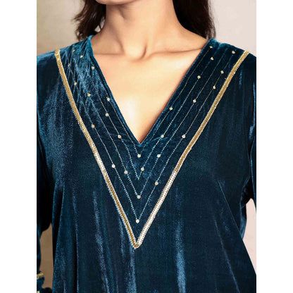 Spring Soul Teal Hand Embroidered Velvet Kurta with Exaggerated Sleeve