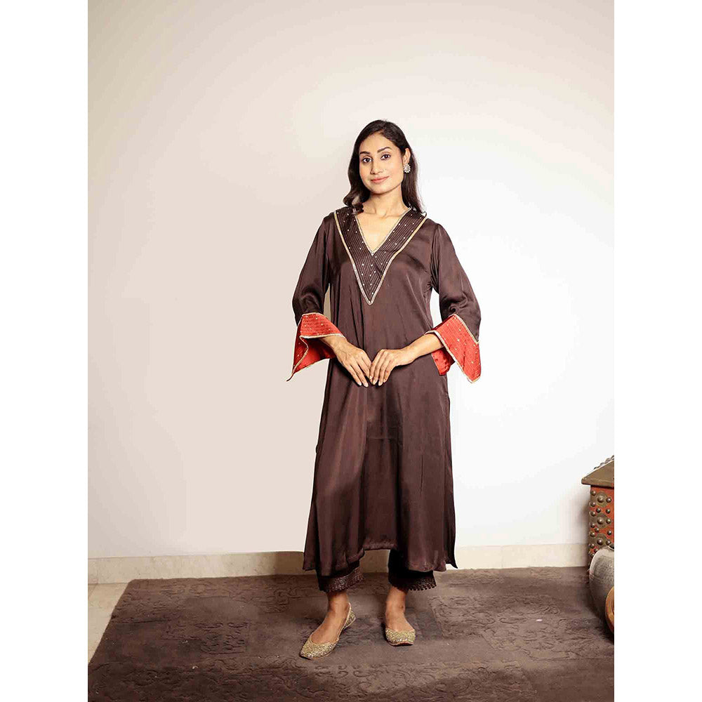 Spring Soul Brown Hand Embroidered Kurta with Zari Detailing