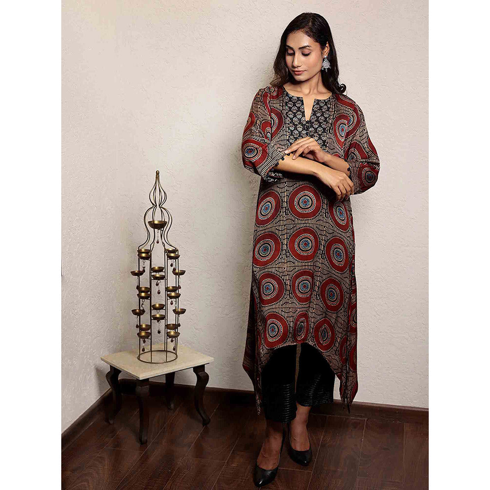 Spring Soul Maroon Ajrakh Printed Asymmetric Kurta