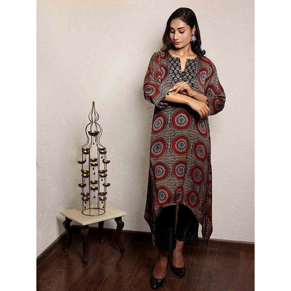 Spring Soul Maroon Ajrakh Printed Asymmetric Kurta