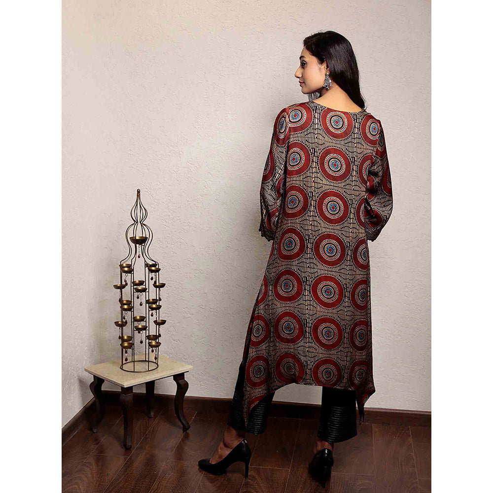 Spring Soul Maroon Ajrakh Printed Asymmetric Kurta