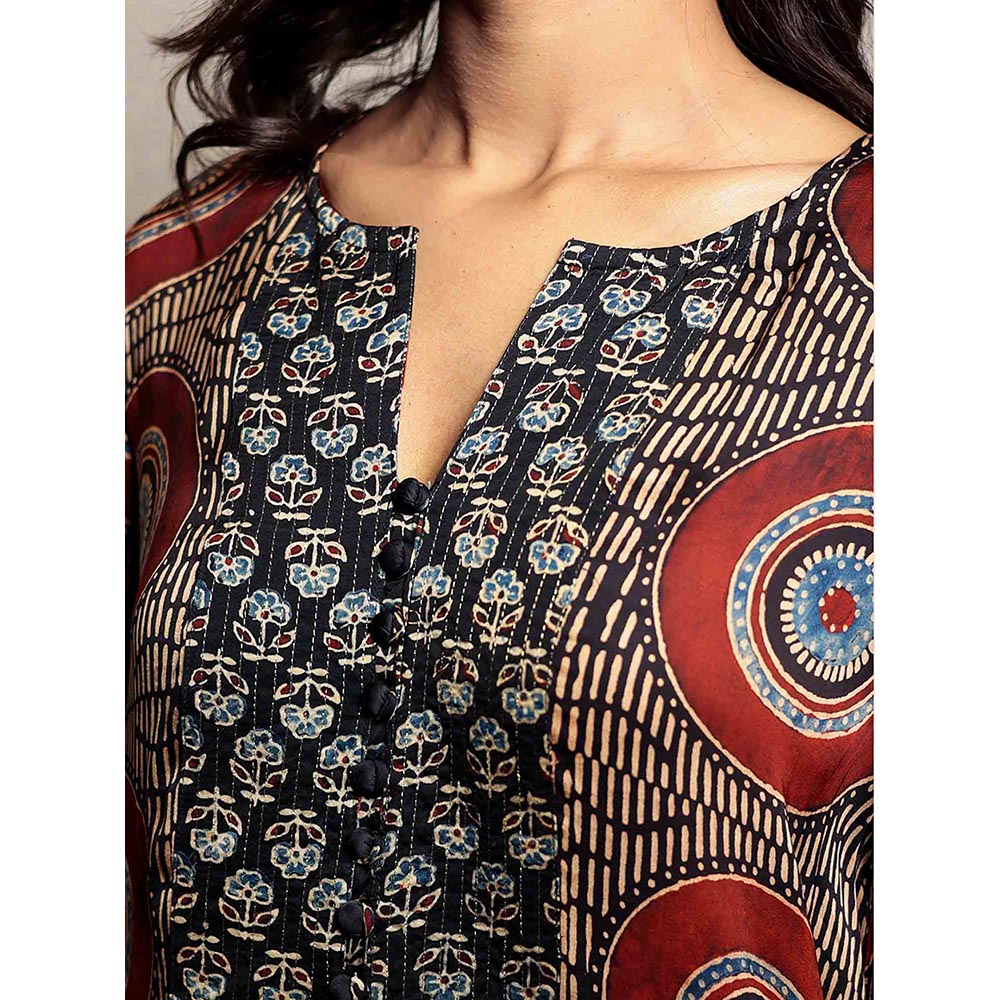 Spring Soul Maroon Ajrakh Printed Asymmetric Kurta