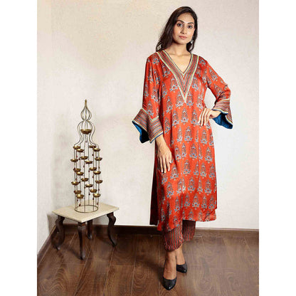 Spring Soul Red Ajrakh Printed Modal Silk Kurta with Bell Sleeves