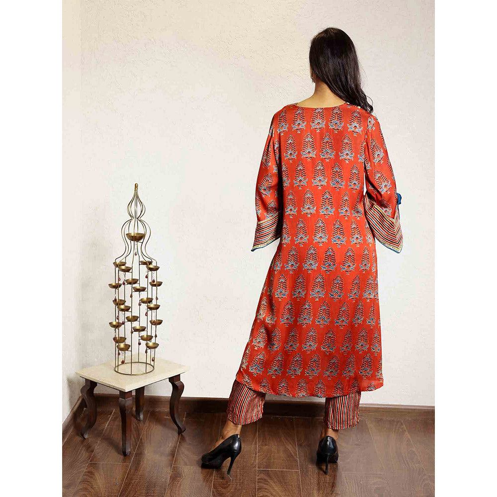 Spring Soul Red Ajrakh Printed Modal Silk Kurta with Bell Sleeves