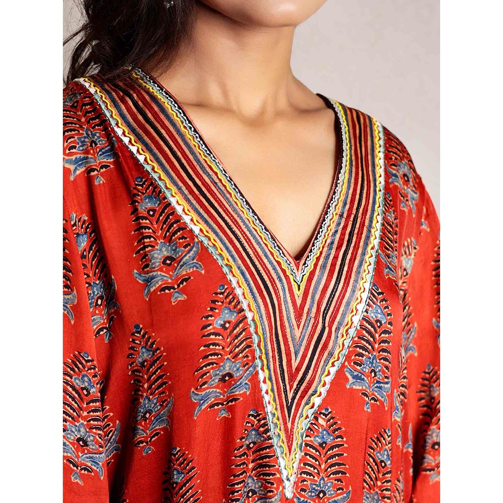 Spring Soul Red Ajrakh Printed Modal Silk Kurta with Bell Sleeves