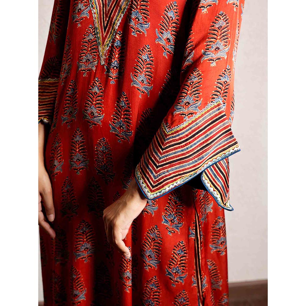 Spring Soul Red Ajrakh Printed Modal Silk Kurta with Bell Sleeves