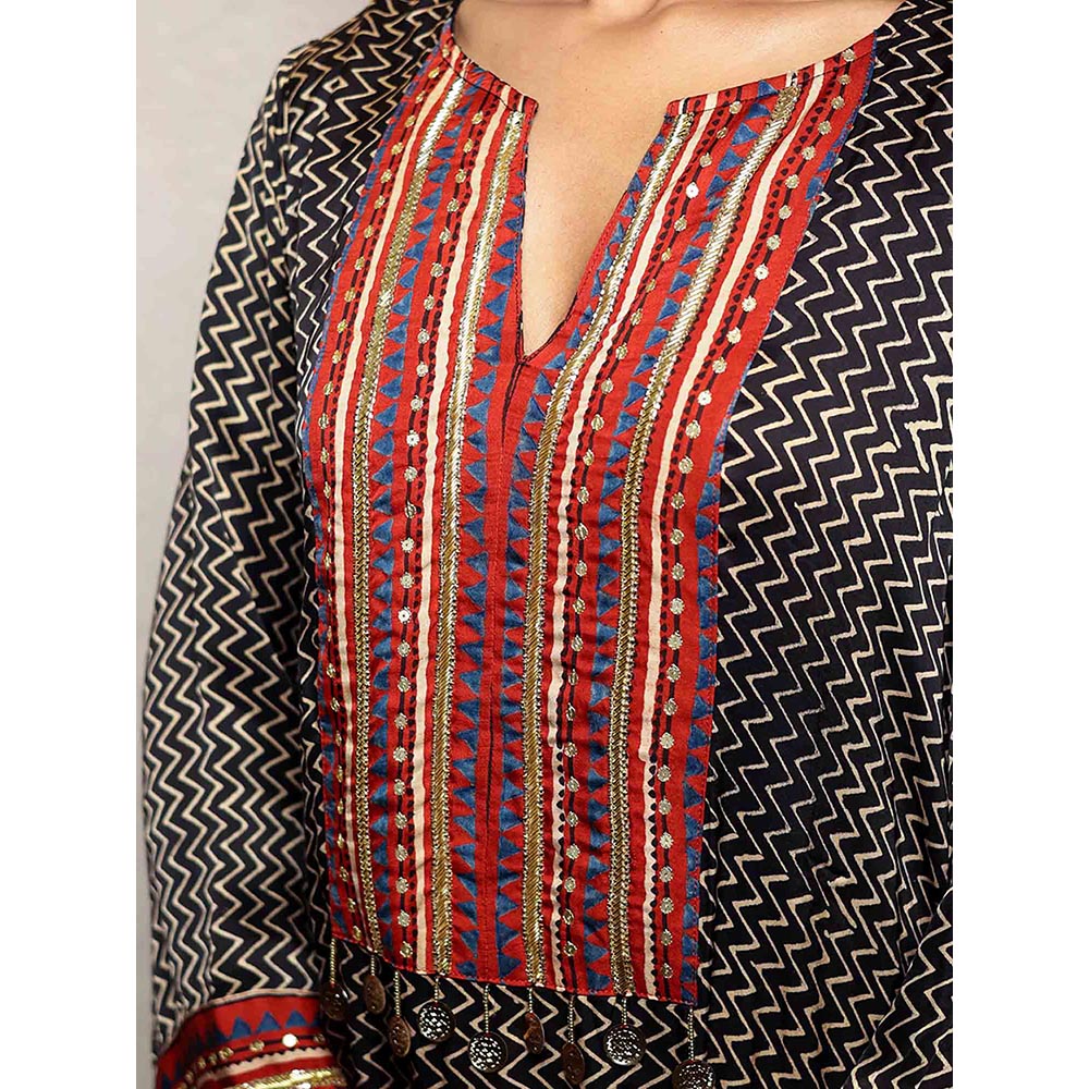 Spring Soul Black Hand Embroidered Zig Zag Modal Silk Kurta