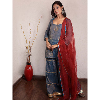 Spring Soul Indigo Blue Hand Embroidered Metallic Sharara with Kurta and Dupatta (Set of 3)