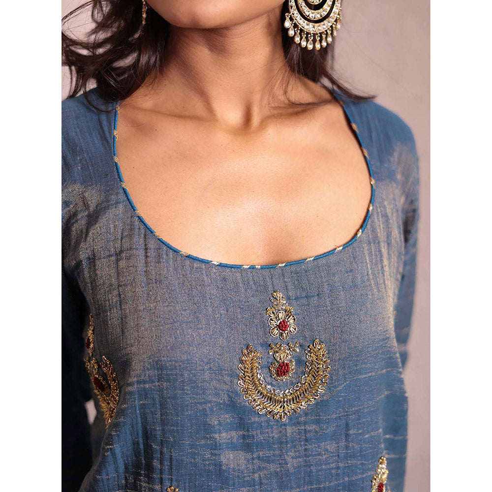 Spring Soul Indigo Blue Hand Embroidered Metallic Sharara with Kurta and Dupatta (Set of 3)