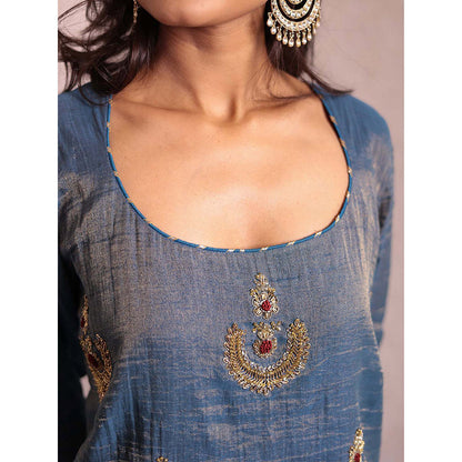 Spring Soul Indigo Blue Hand Embroidered Metallic Sharara with Kurta and Dupatta (Set of 3)