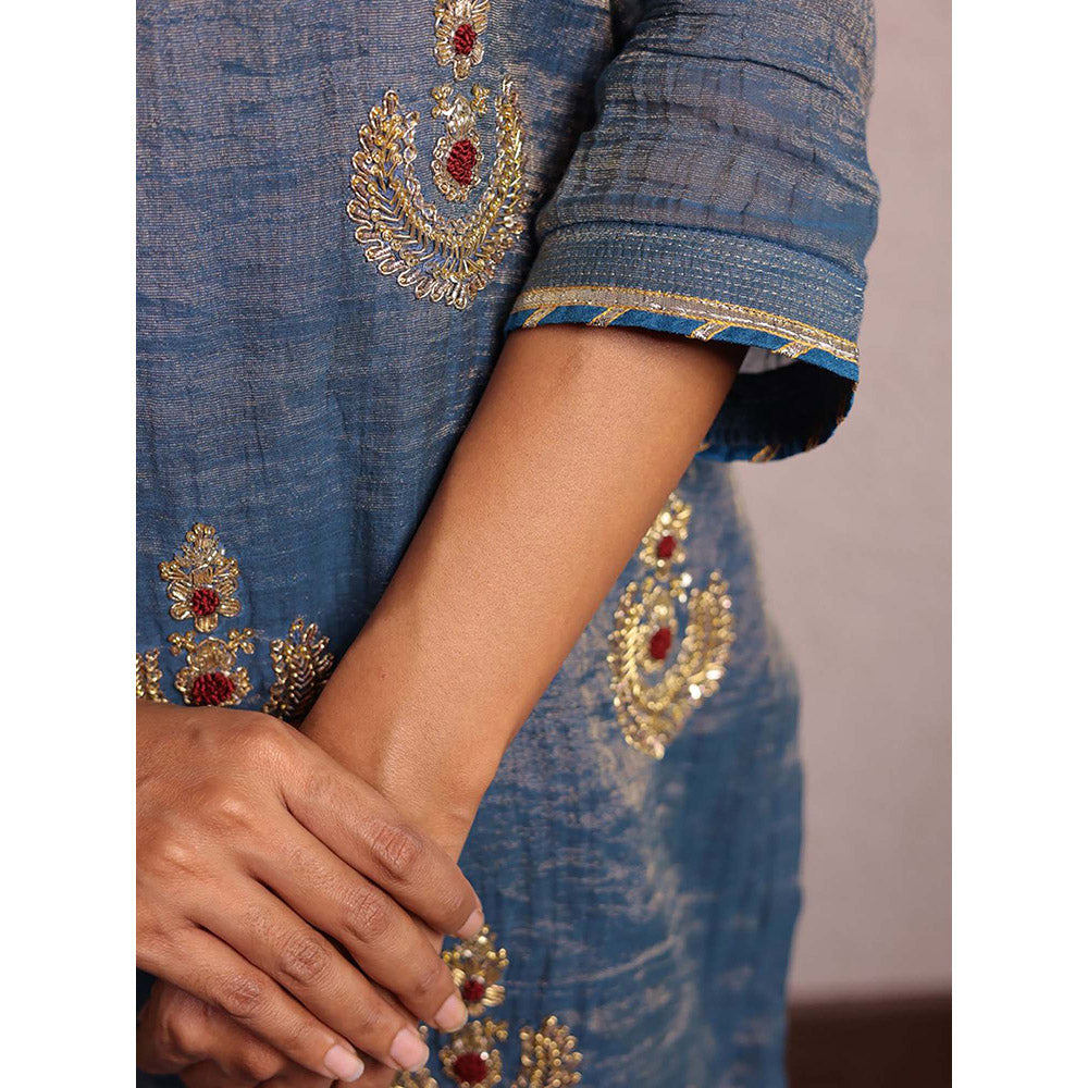Spring Soul Indigo Blue Hand Embroidered Metallic Sharara with Kurta and Dupatta (Set of 3)