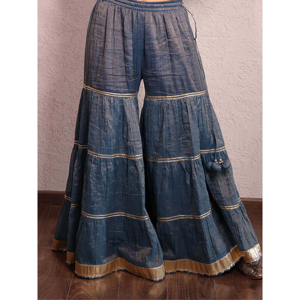 Spring Soul Indigo Blue Hand Embroidered Metallic Sharara with Kurta and Dupatta (Set of 3)