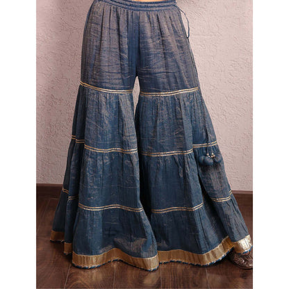 Spring Soul Indigo Blue Hand Embroidered Metallic Sharara with Kurta and Dupatta (Set of 3)