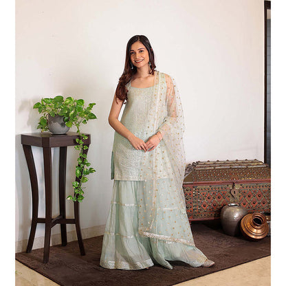 Spring Soul Aqua Green Metallic Sharara with Kurta and Dupatta (Set of 3)
