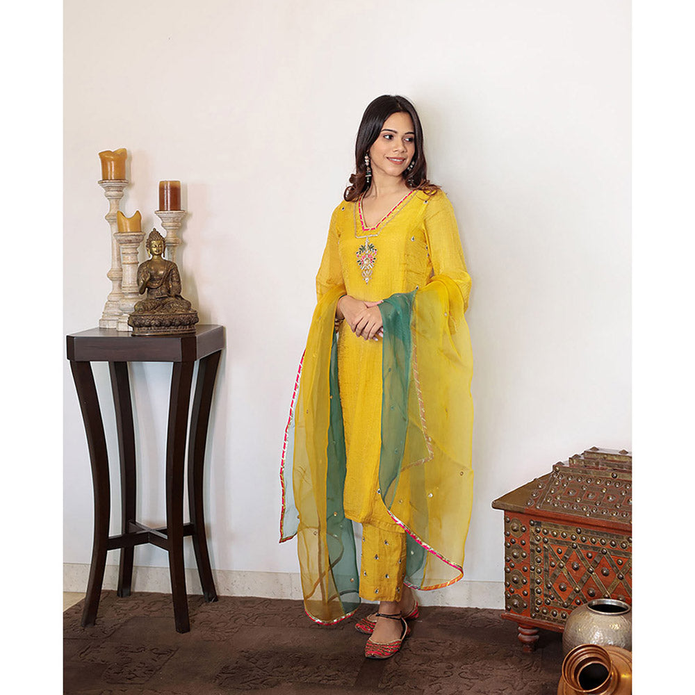 Spring Soul Yellow Tissue Hand Embroidered V-Neck Kurta and Pant with Dupatta (Set of 3)