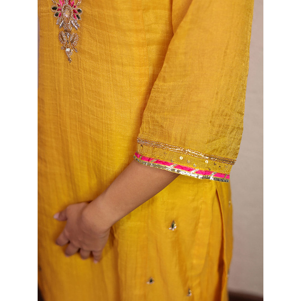 Spring Soul Yellow Tissue Hand Embroidered V-Neck Kurta and Pant with Dupatta (Set of 3)
