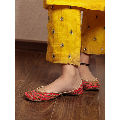 Spring Soul Yellow Tissue Hand Embroidered V-Neck Kurta and Pant with Dupatta (Set of 3)
