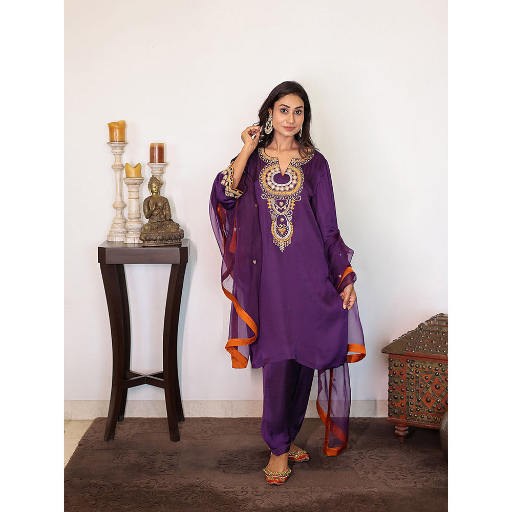 Spring Soul Purple Modal Silk Embroidered Kurta and Pant with Organza Dupatta (Set of 3)