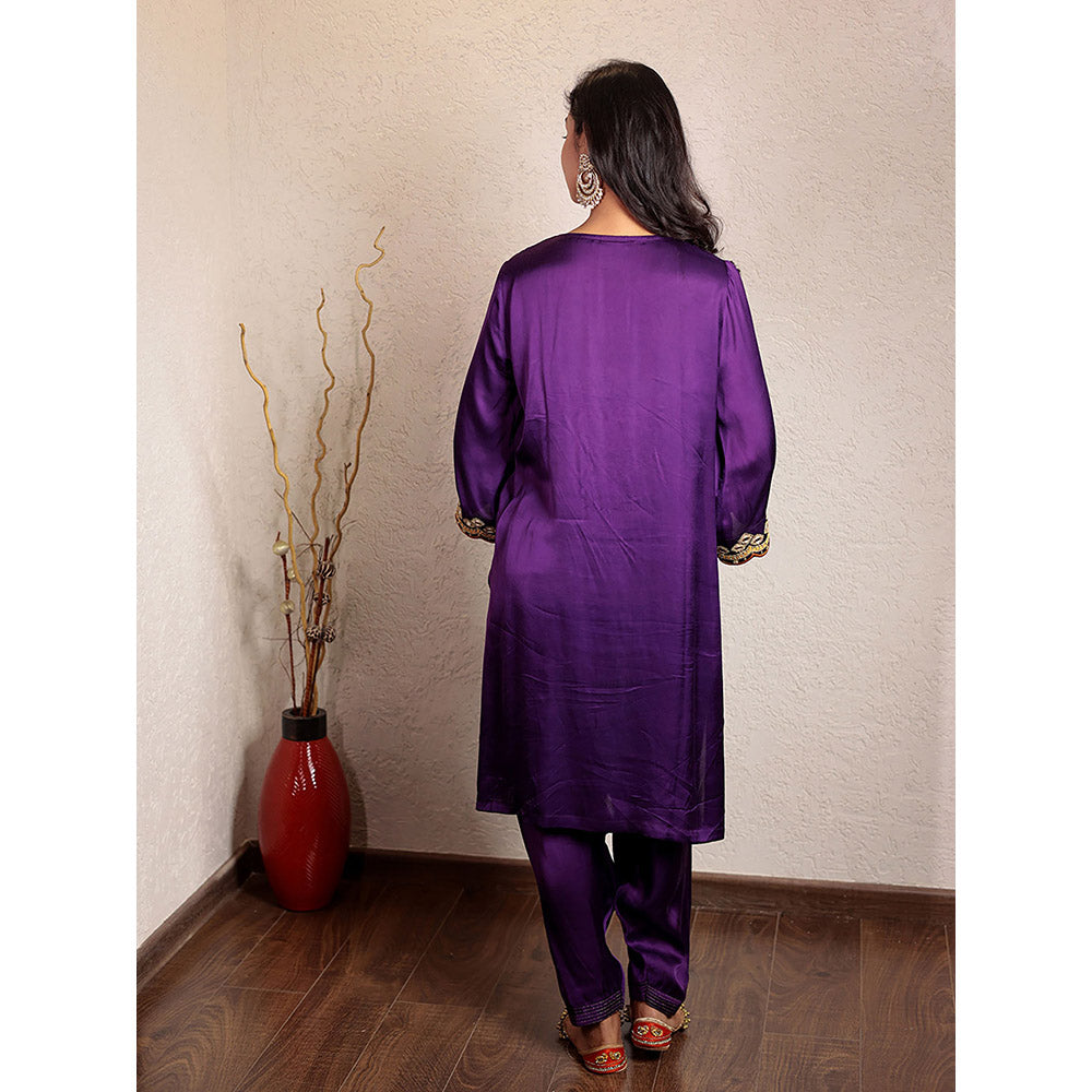 Spring Soul Purple Modal Silk Embroidered Kurta and Pant with Organza Dupatta (Set of 3)