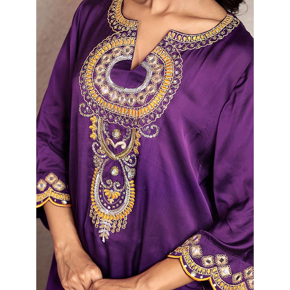 Spring Soul Purple Modal Silk Embroidered Kurta and Pant with Organza Dupatta (Set of 3)