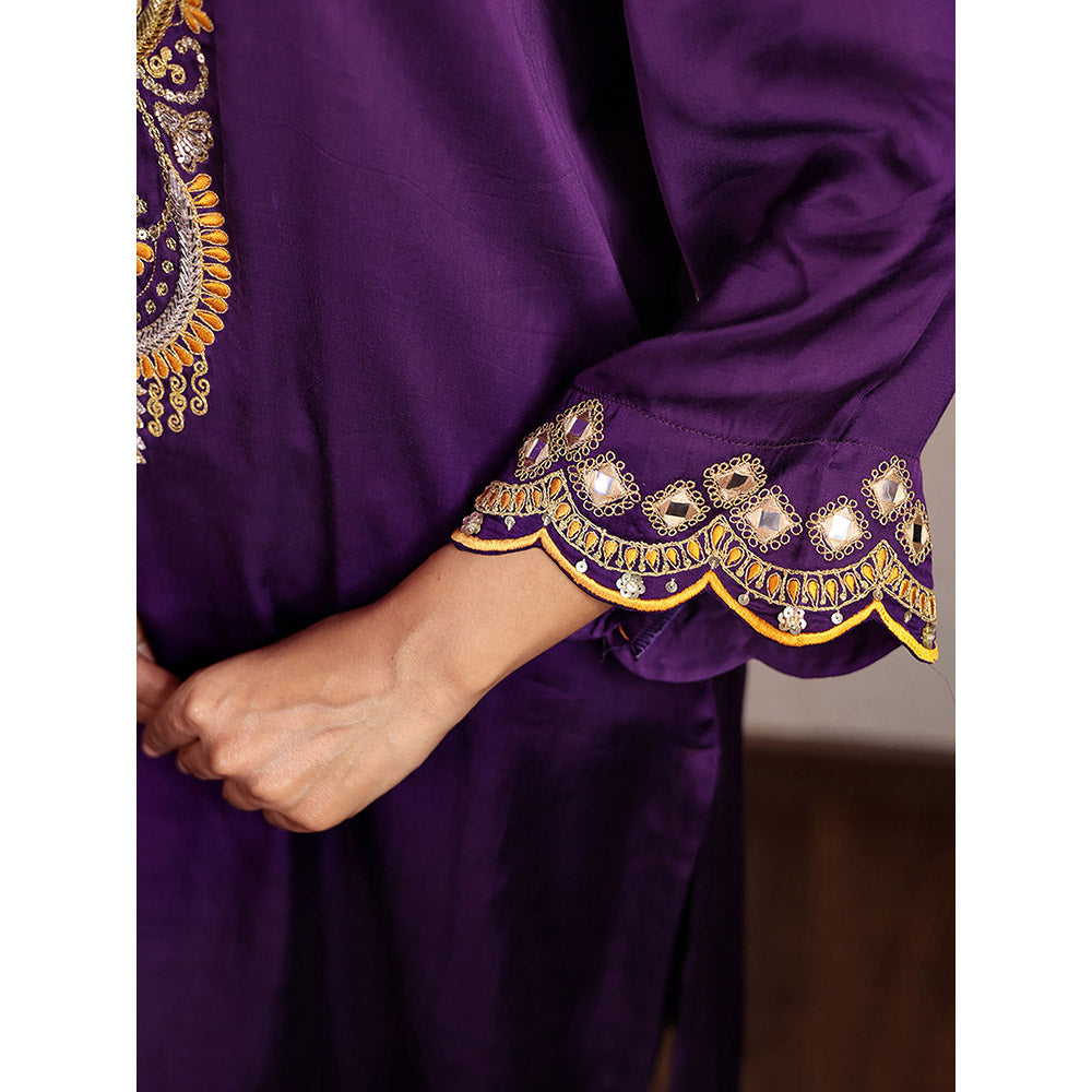 Spring Soul Purple Modal Silk Embroidered Kurta and Pant with Organza Dupatta (Set of 3)