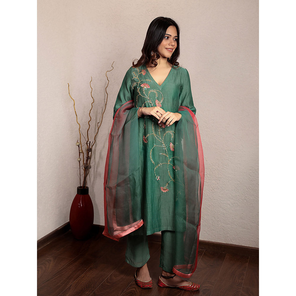Spring Soul Green Tissue Hand Embroidered V-Neck Kurta and Pant with Organza Dupatta (Set of 3)