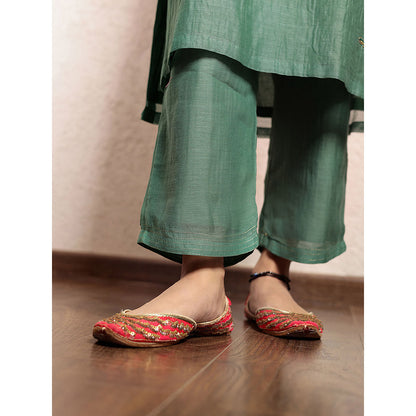 Spring Soul Green Tissue Hand Embroidered V-Neck Kurta and Pant with Organza Dupatta (Set of 3)