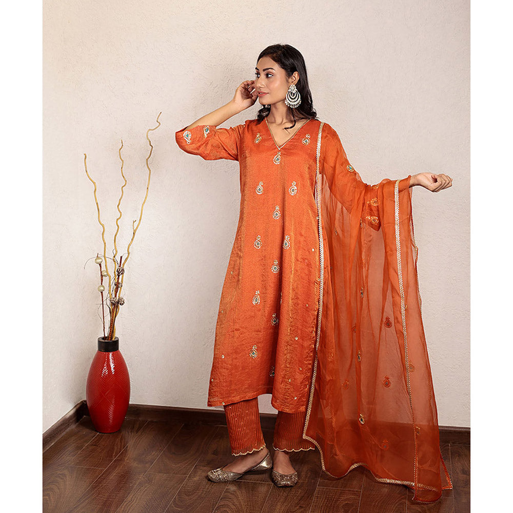 Spring Soul Orange Tissue Chanderi Hand Embroidered Kurta and Pant with Dupatta (Set of 3)