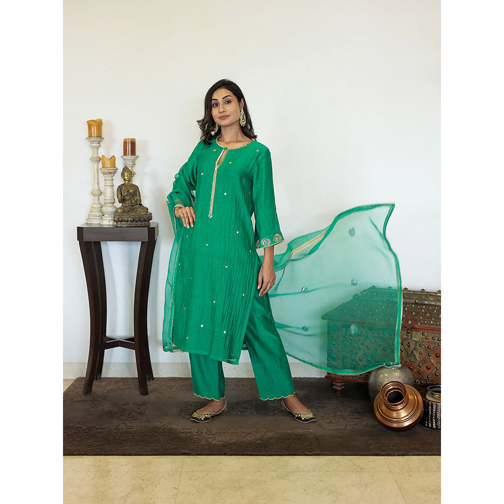 Spring Soul Green Chanderi Hand Embroidered Kurta and Pant with Dupatta (Set of 3)