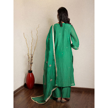 Spring Soul Green Chanderi Hand Embroidered Kurta and Pant with Dupatta (Set of 3)