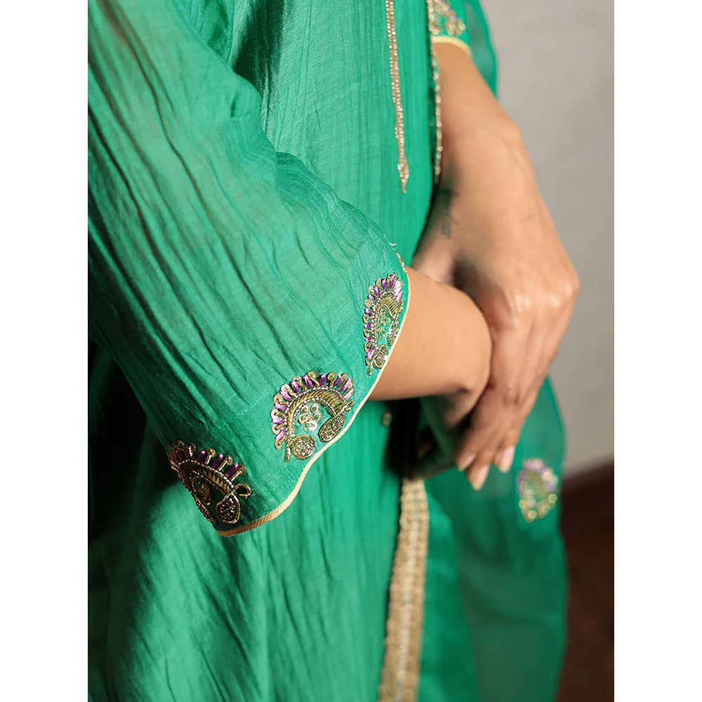 Spring Soul Green Chanderi Hand Embroidered Kurta and Pant with Dupatta (Set of 3)