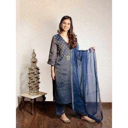 Spring Soul Navy Blue Hand Embroidered V-Neck Kurta and Pant with Dupatta (Set of 3)