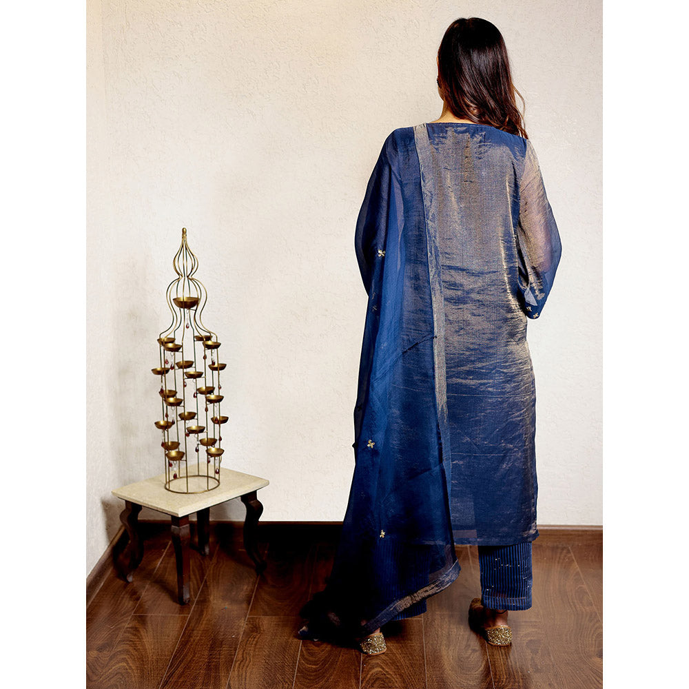 Spring Soul Navy Blue Hand Embroidered V-Neck Kurta and Pant with Dupatta (Set of 3)