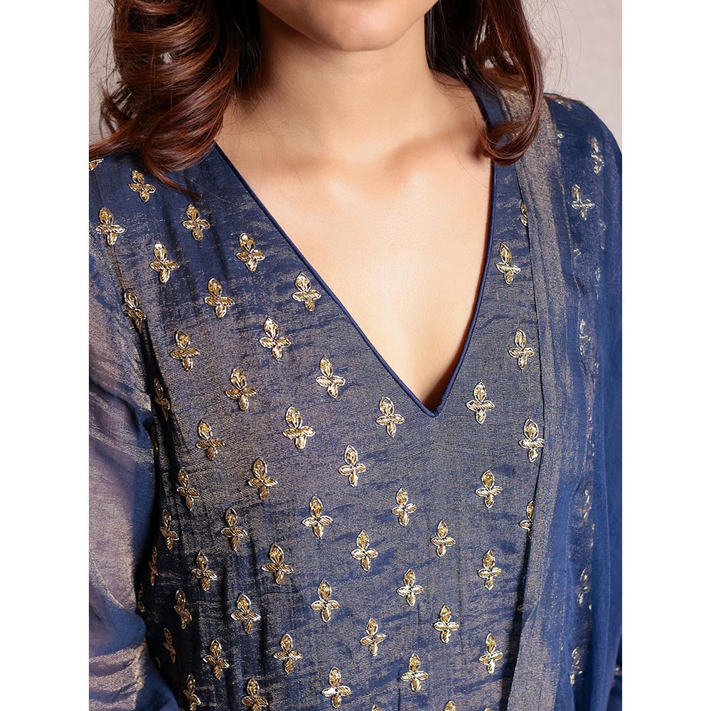 Spring Soul Navy Blue Hand Embroidered V-Neck Kurta and Pant with Dupatta (Set of 3)